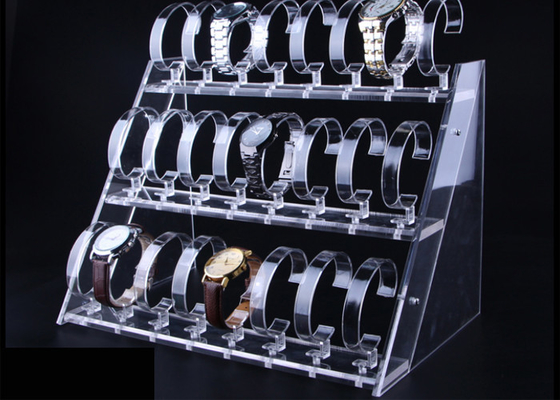 Soporte de exhibición de acrílico transparente del reloj de 3 gradas para la exhibición del reloj de Casio