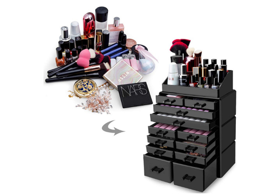 Organizador claro cosmético de acrílico negro del almacenamiento del maquillaje del soporte de exhibición con 12 cajones