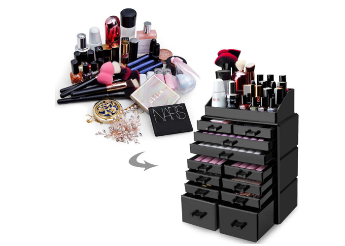 Organizador claro cosmético de acrílico negro del almacenamiento del maquillaje del soporte de exhibición con 12 cajones